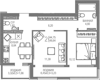 Планировка — На Фонтанке, 2-комн., 45 м²