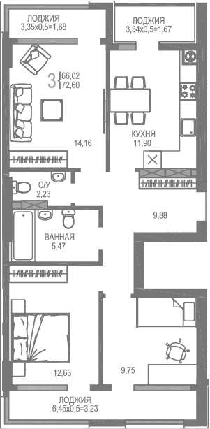 Планировка — На Фонтанке, 3-комн., 66 м²