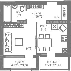Планировка — На Фонтанке, 1-комн., 27 м²