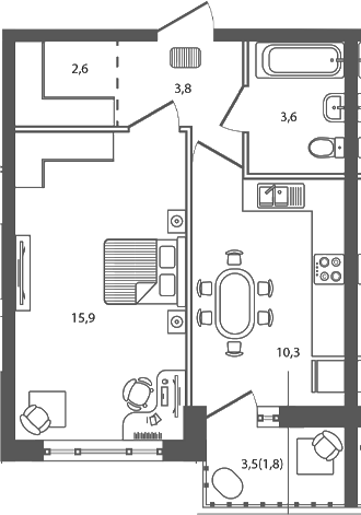 Планировка — Сиреневый бульвар, 1-комн., 36 м²