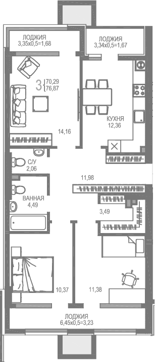 Планировка — На Фонтанке, 3-комн., 70 м²