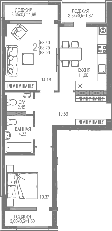 Планировка — На Фонтанке, 2-комн., 53 м²