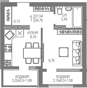 Планировка — На Фонтанке, 1-комн., 28 м²