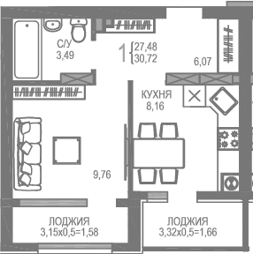 Планировка — На Фонтанке, 1-комн., 27 м²