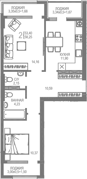 Планировка — На Фонтанке, 2-комн., 53 м²