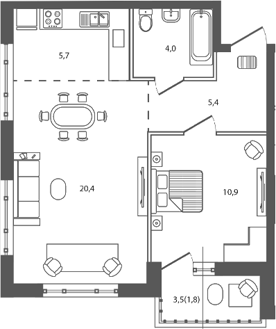 Планировка — Сиреневый бульвар, 2-комн., 46 м²