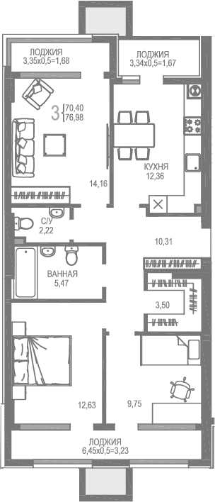 Планировка — На Фонтанке, 3-комн., 70 м²