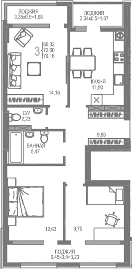 Планировка — На Фонтанке, 3-комн., 66 м²