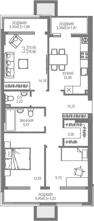 Планировка — На Фонтанке, 3-комн., 70 м²