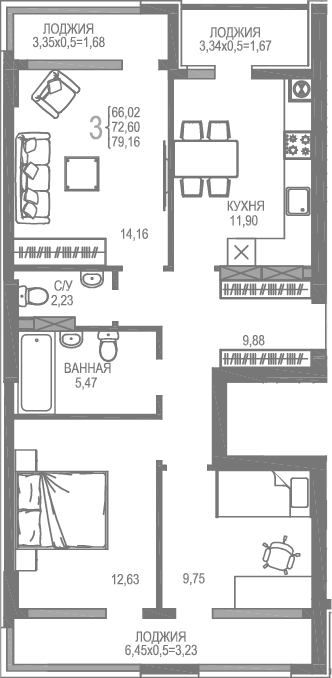 Планировка — На Фонтанке, 3-комн., 66 м²