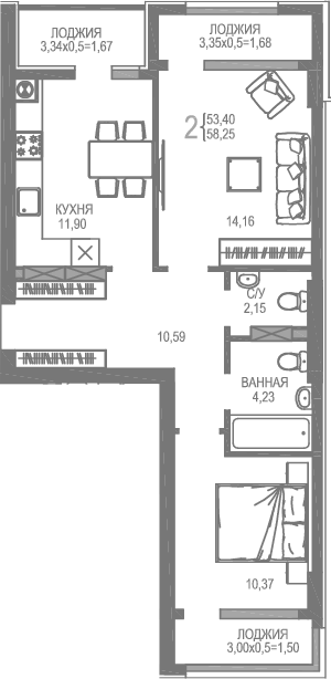 Планировка — На Фонтанке, 2-комн., 53 м²