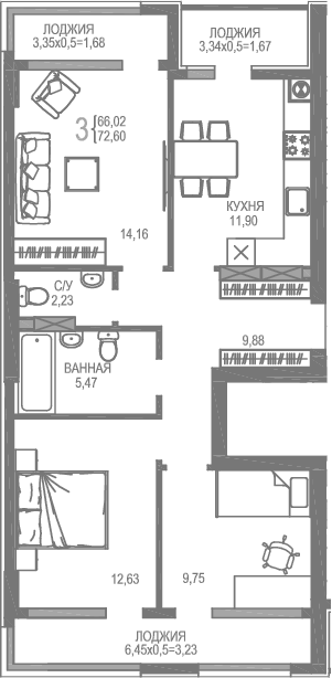 Планировка — На Фонтанке, 3-комн., 66 м²