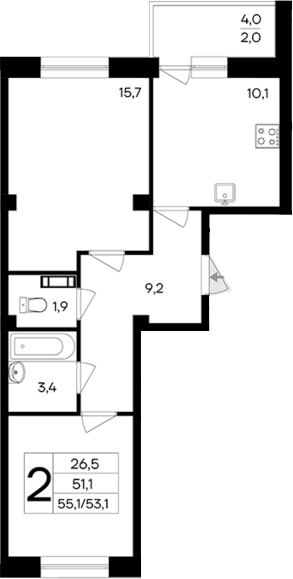 Планировка — Ботаника. Интерстрой, 2-комн., 53 м²