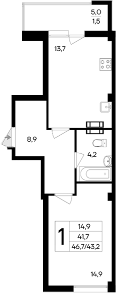 Планировка — Ботаника. Интерстрой, 1-комн., 45 м²