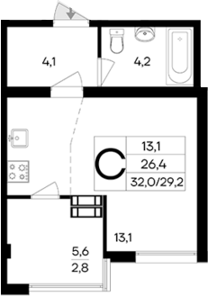 Планировка — Ботаника. Интерстрой, Студия, 26 м²