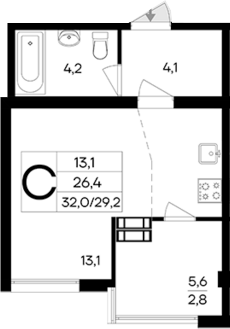 Планировка — Ботаника. Интерстрой, Студия, 26 м²