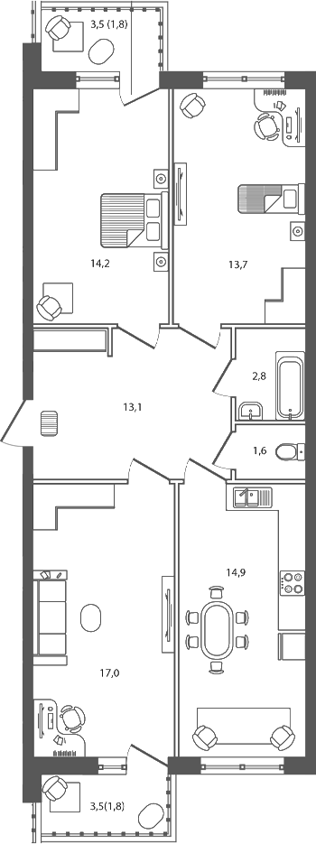 Планировка — Сиреневый бульвар, 3-комн., 77 м²