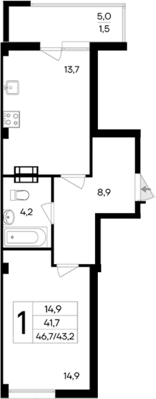 Планировка — Ботаника. Интерстрой, 1-комн., 45 м²