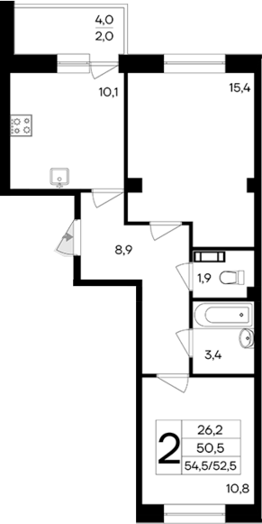 Планировка — Ботаника. Интерстрой, 2-комн., 53 м²