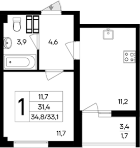 Планировка — Ботаника. Интерстрой, 1-комн., 31 м²