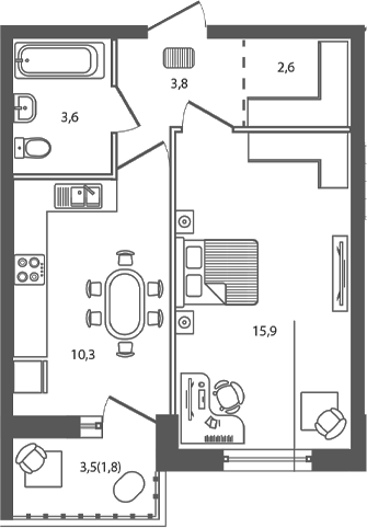 Планировка — Сиреневый бульвар, 1-комн., 36 м²