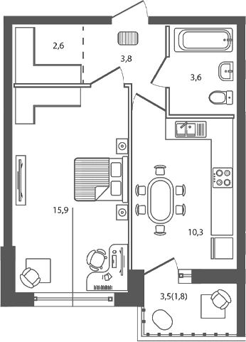 Планировка — Сиреневый бульвар, 1-комн., 36 м²