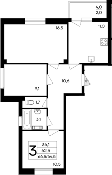 Планировка — Ботаника. Интерстрой, 3-комн., 63 м²