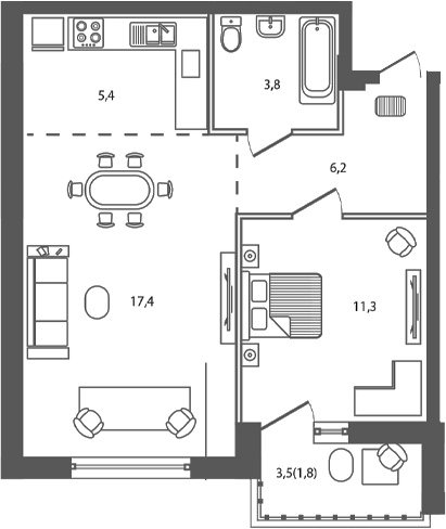 Планировка — Сиреневый бульвар, 2-комн., 44 м²