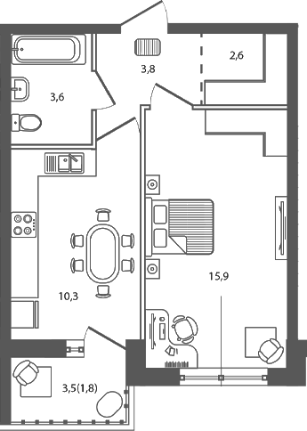 Планировка — Сиреневый бульвар, 1-комн., 36 м²