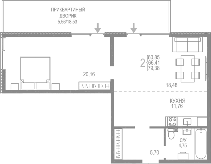 Планировка — Розовое Озеро, 2-комн., 74 м²
