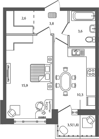 Планировка — Сиреневый бульвар, 1-комн., 36 м²