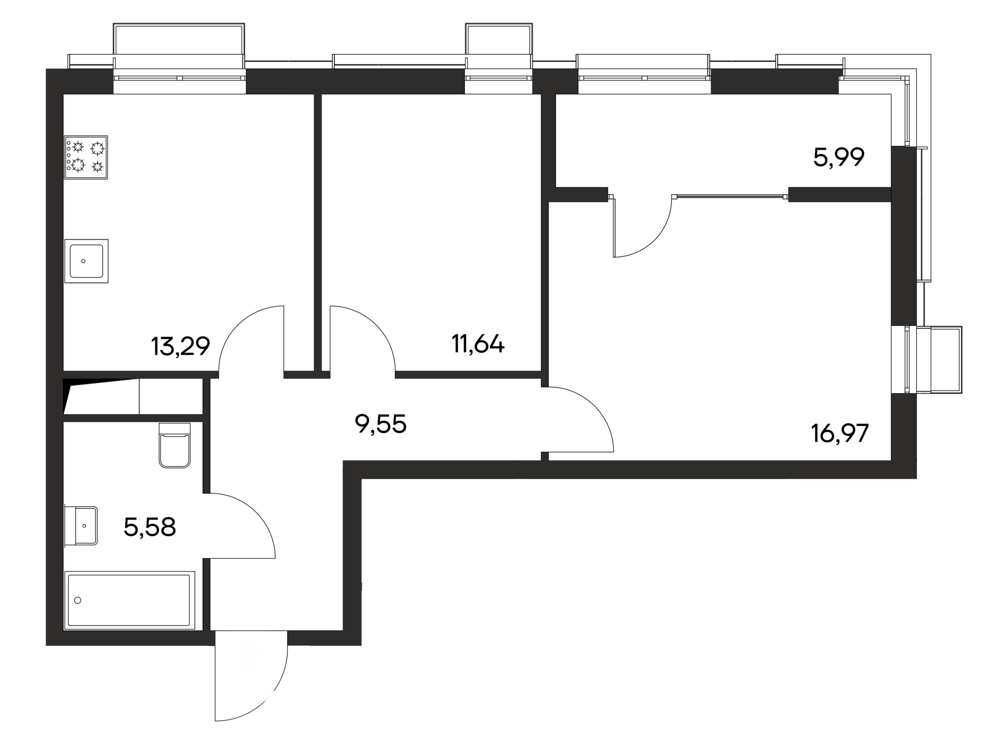 Планировка — Листория, 2-комн., 57 м²