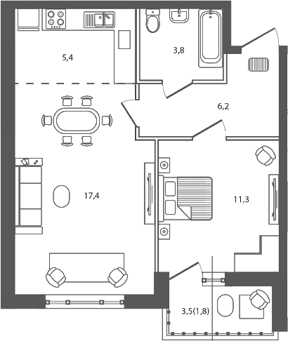 Планировка — Сиреневый бульвар, 2-комн., 44 м²