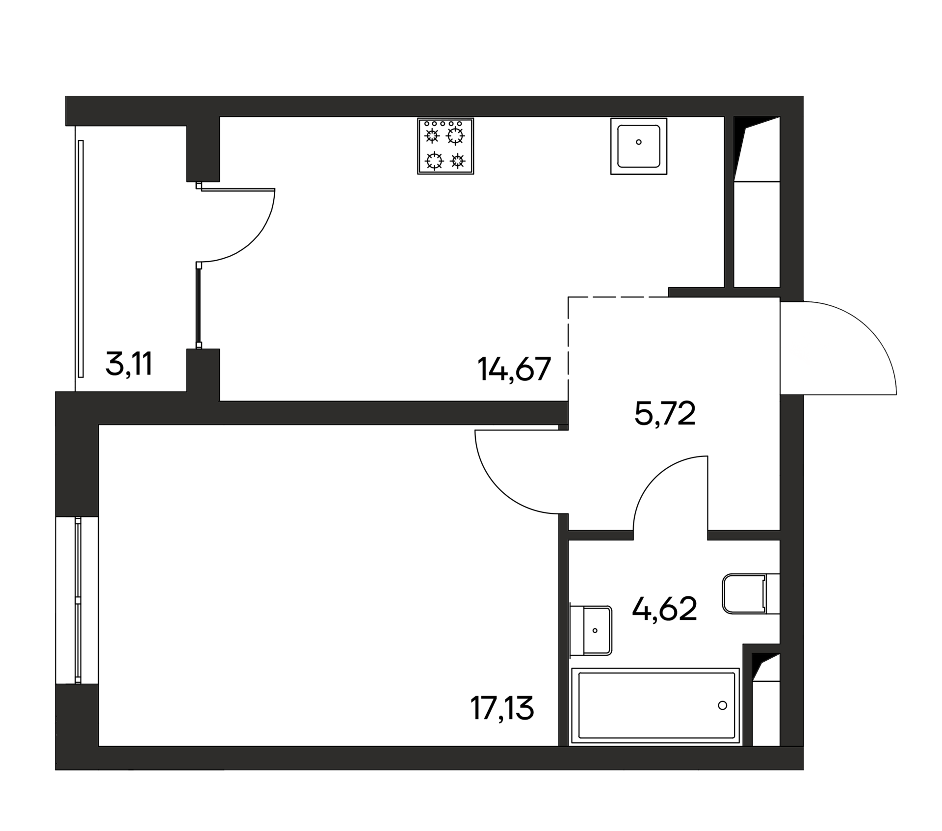 Планировка — Листория, 1-комн., 42 м²