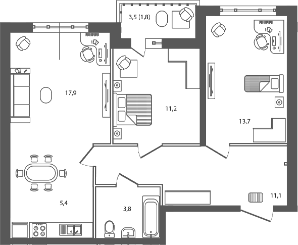 Планировка — Сиреневый бульвар, 3-комн., 63 м²