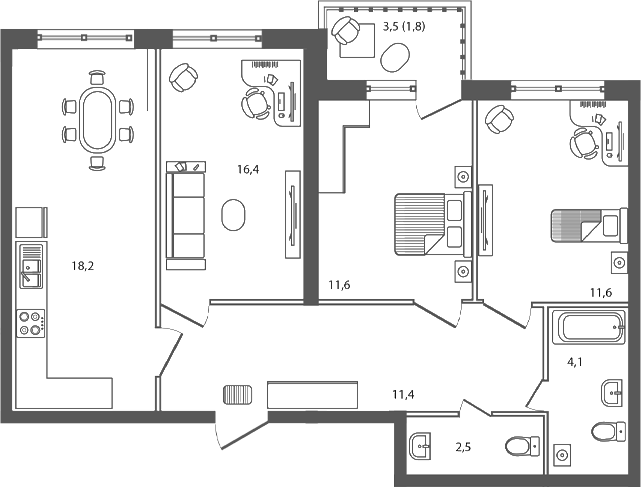 Планировка — Сиреневый бульвар, 3-комн., 76 м²