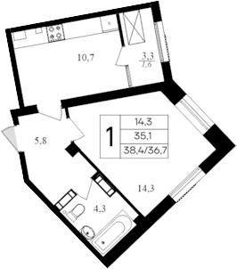 Планировка — Дом на Маячной, 1-комн., 35 м²