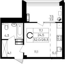Планировка — Дом на Маячной, Студия, 28 м²