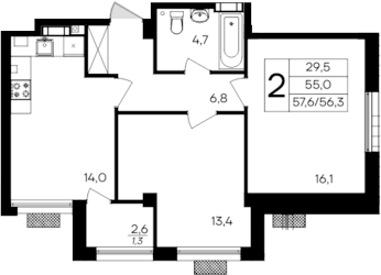 Планировка — Дом на Маячной, 2-комн., 56 м²