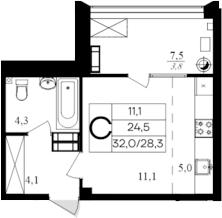 Планировка — Дом на Маячной, Студия, 28 м²
