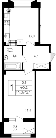 Планировка — Дом на Маячной, 1-комн., 42 м²