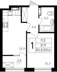 Планировка — Дом на Маячной, 1-комн., 32 м²