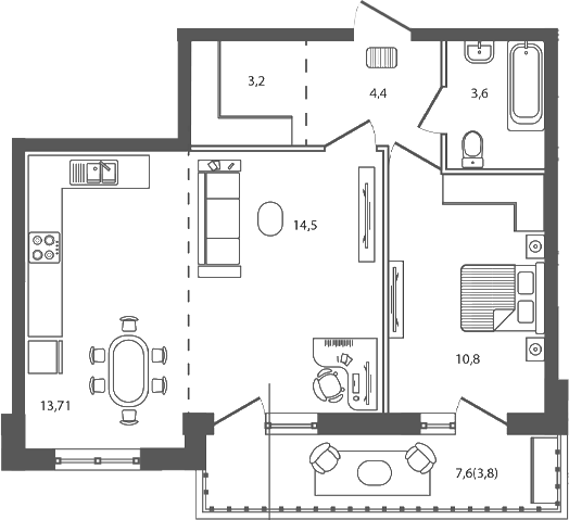 Планировка — Сиреневый бульвар, 2-комн., 50 м²