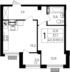Планировка — Дом на Маячной, 1-комн., 39 м²