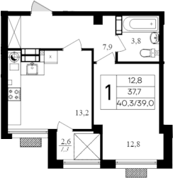 Планировка — Дом на Маячной, 1-комн., 39 м²