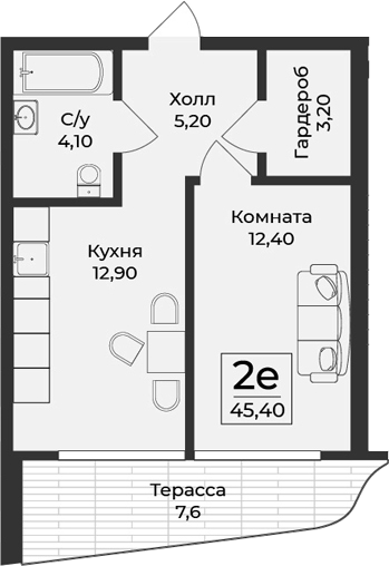 Планировка — Нега, 2-комн., 38 м²
