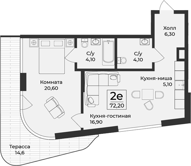 Планировка — Нега, 2-комн., 58 м²