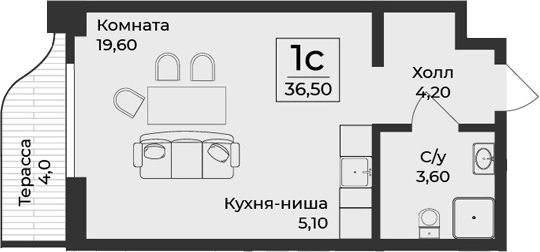 Планировка — Нега, Студия, 33 м²