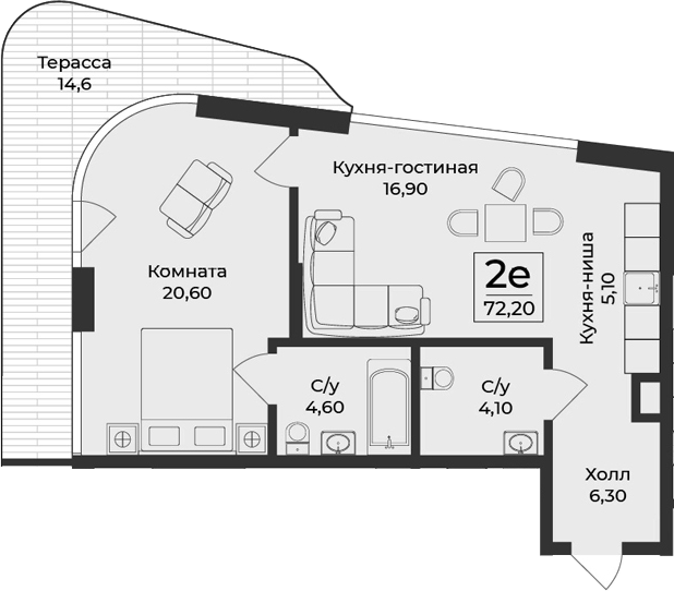 Планировка — Нега, 2-комн., 58 м²
