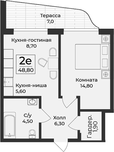 Планировка — Нега, 2-комн., 38 м²